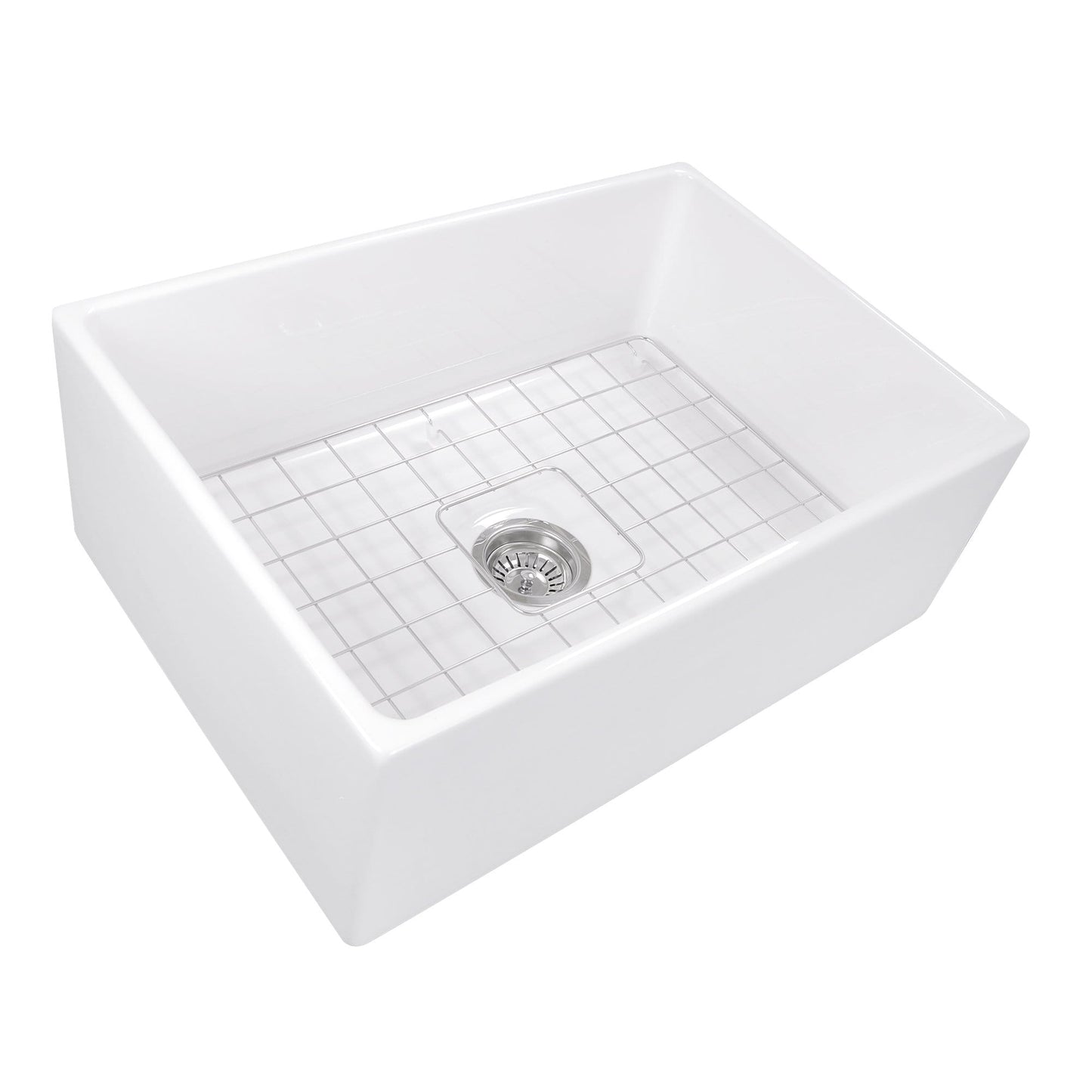 Nantucket 27" Farmhouse Fireclay Sink with Drain and Grid - T-FCFS27 in white with stainless steel drain.