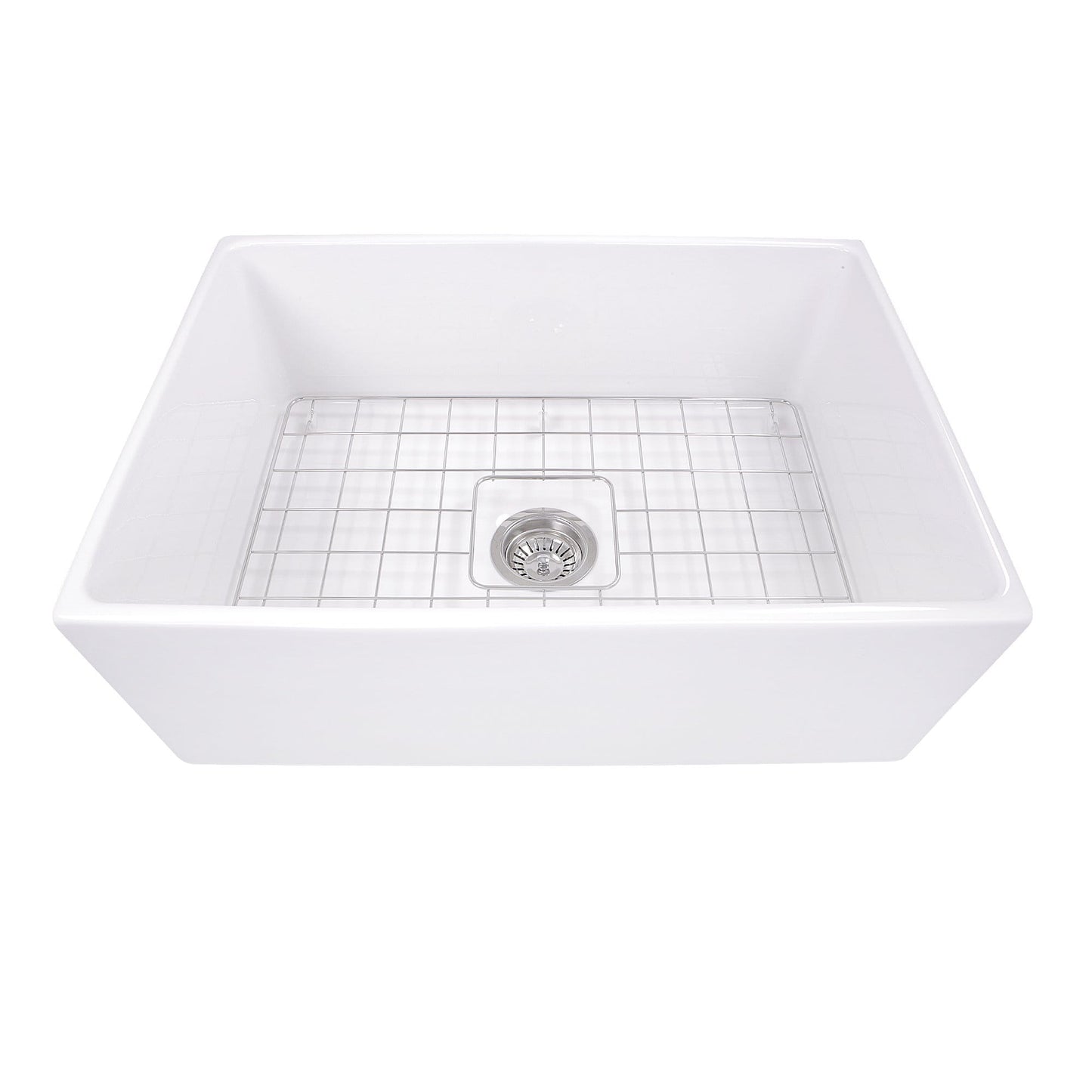 Nantucket 27" Farmhouse Fireclay Sink with Drain and Grid - T-FCFS27 top view featuring a stainless steel grid and drain.