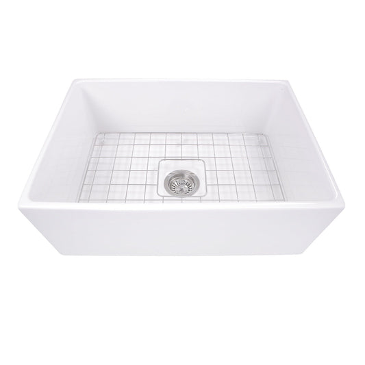 Nantucket 27" Farmhouse Fireclay Sink with Drain and Grid - T-FCFS27 top view featuring a stainless steel grid and drain.