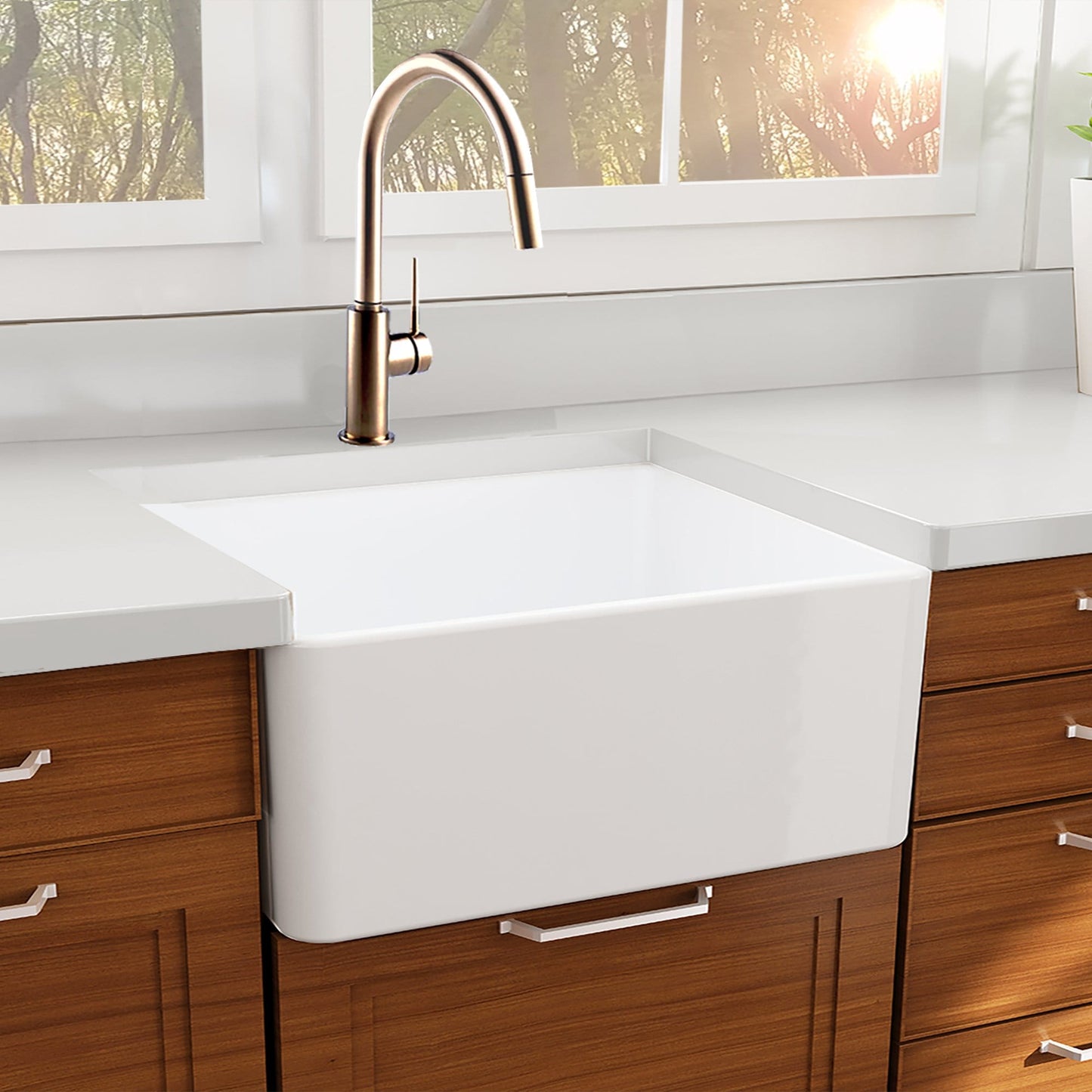 Nantucket 27" Farmhouse Fireclay Sink with Drain and Grid - T-FCFS27 displayed in a stylish kitchen setting.