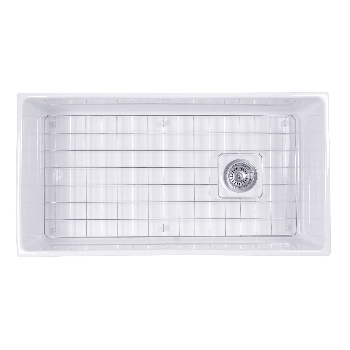 Nantucket 36" Farmhouse Fireclay Sink with Offset Drain and Grid - T-FCFS36 top view with stainless steel grid.