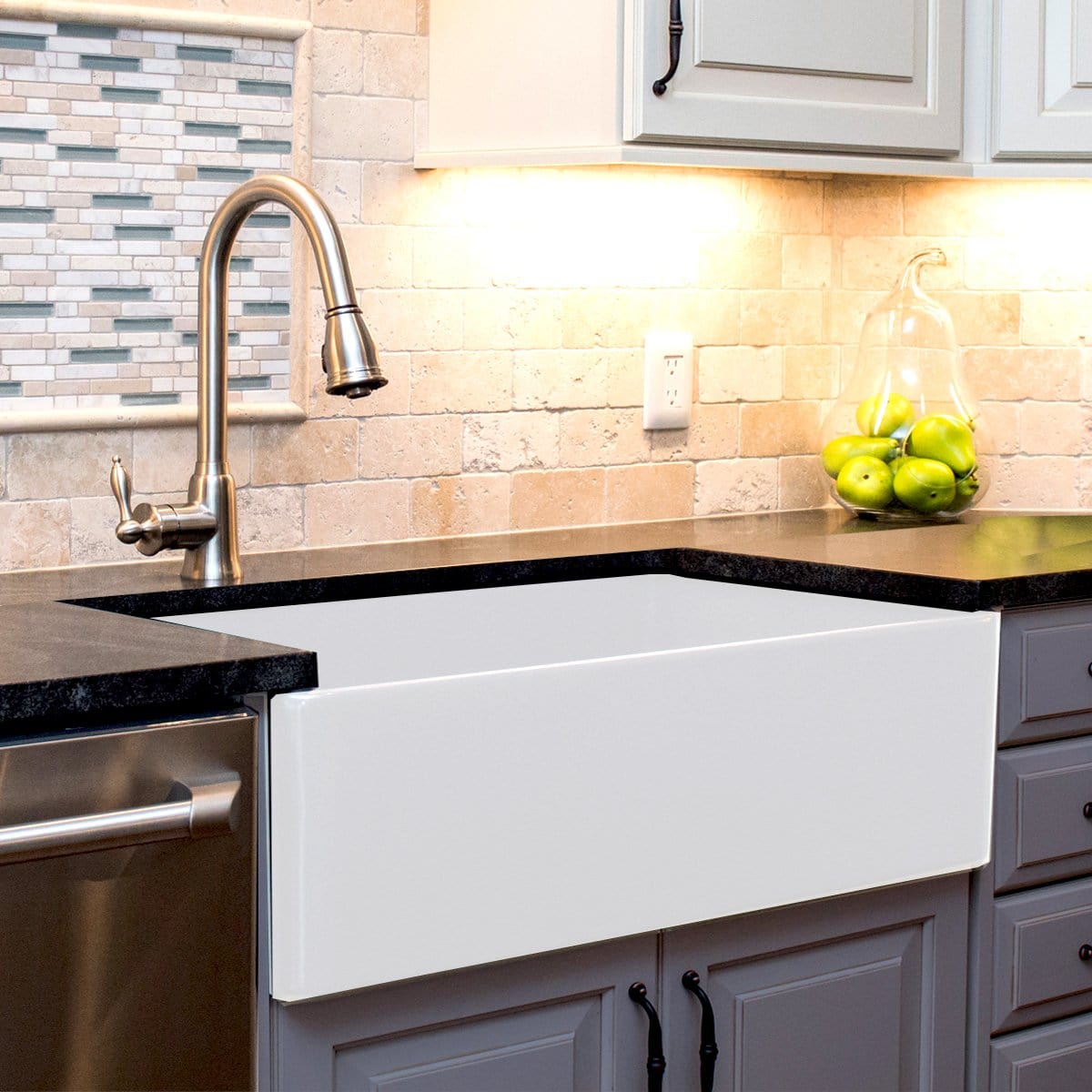Nantucket 36" Farmhouse Fireclay Sink with Offset Drain and Grid - T-FCFS36 installed in modern kitchen.