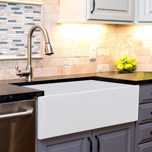 Nantucket 36" Farmhouse Fireclay Sink with Offset Drain and Grid - T-FCFS36 installed in modern kitchen.