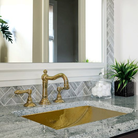 Nantucket 23.5" Hand Hammered Brass Rectangle Undermount Bathroom Sink with Overflow - TRB2416-OF in a luxurious bathroom setting.
