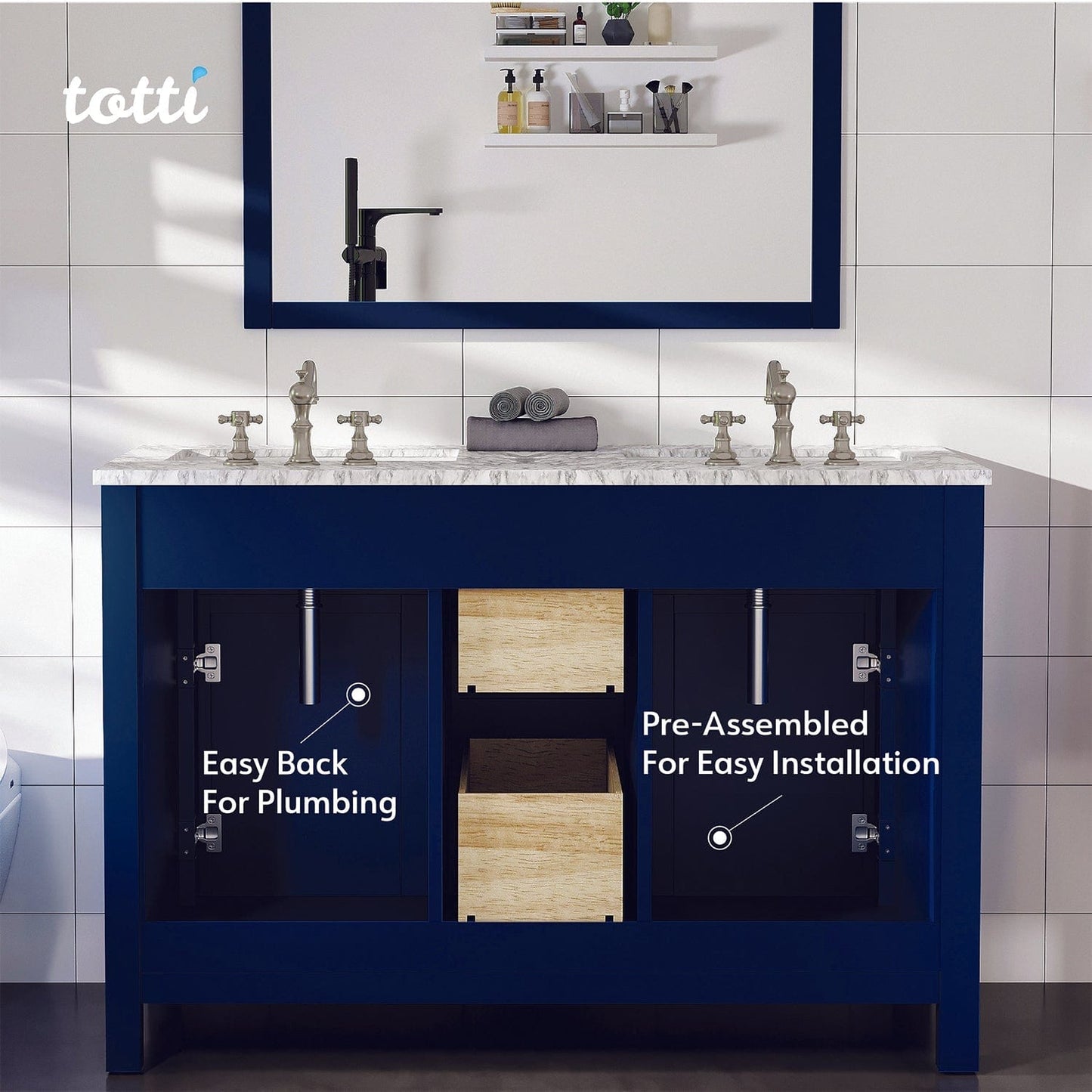 Totti Artemis 48" Blue Transitional Double Sink Bathroom Vanity with White Carrara Style Man-Made Stone Top
