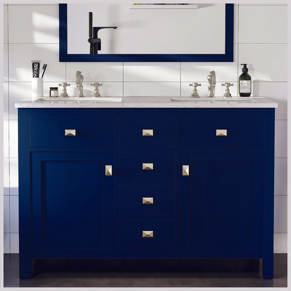 Totti Artemis 48 Blue Transitional Double Sink Bathroom Vanity with White Carrara Style Man-Made Stone Top