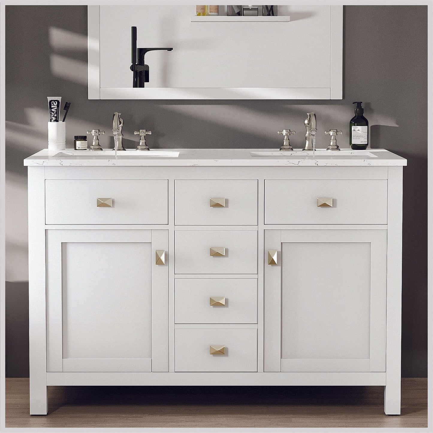 Totti Artemis 48" White Transitional Double Sink Bathroom Vanity with White Carrara Style Man-Made Stone Top
