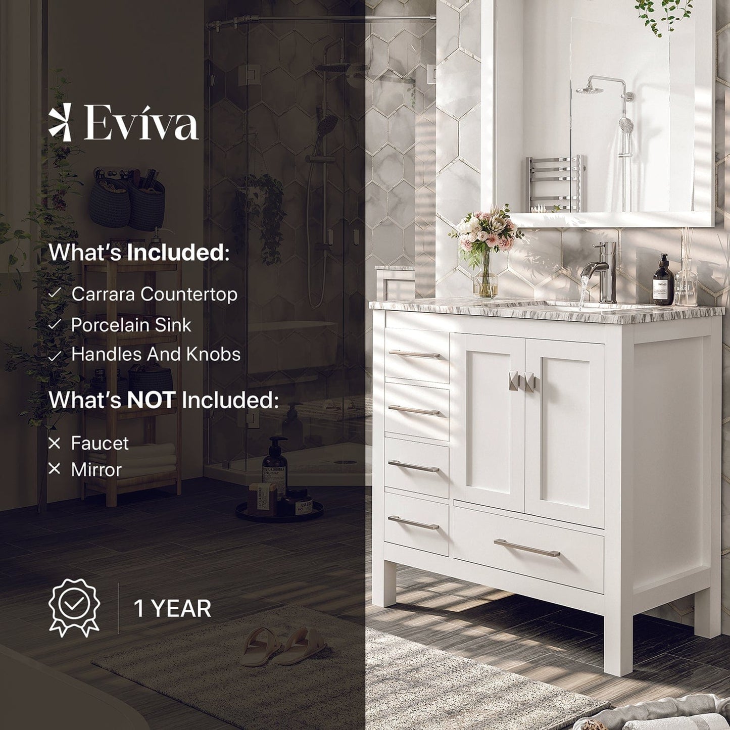 Eviva London 36" x 18" White Transitional Bathroom Vanity with White Carrara Top