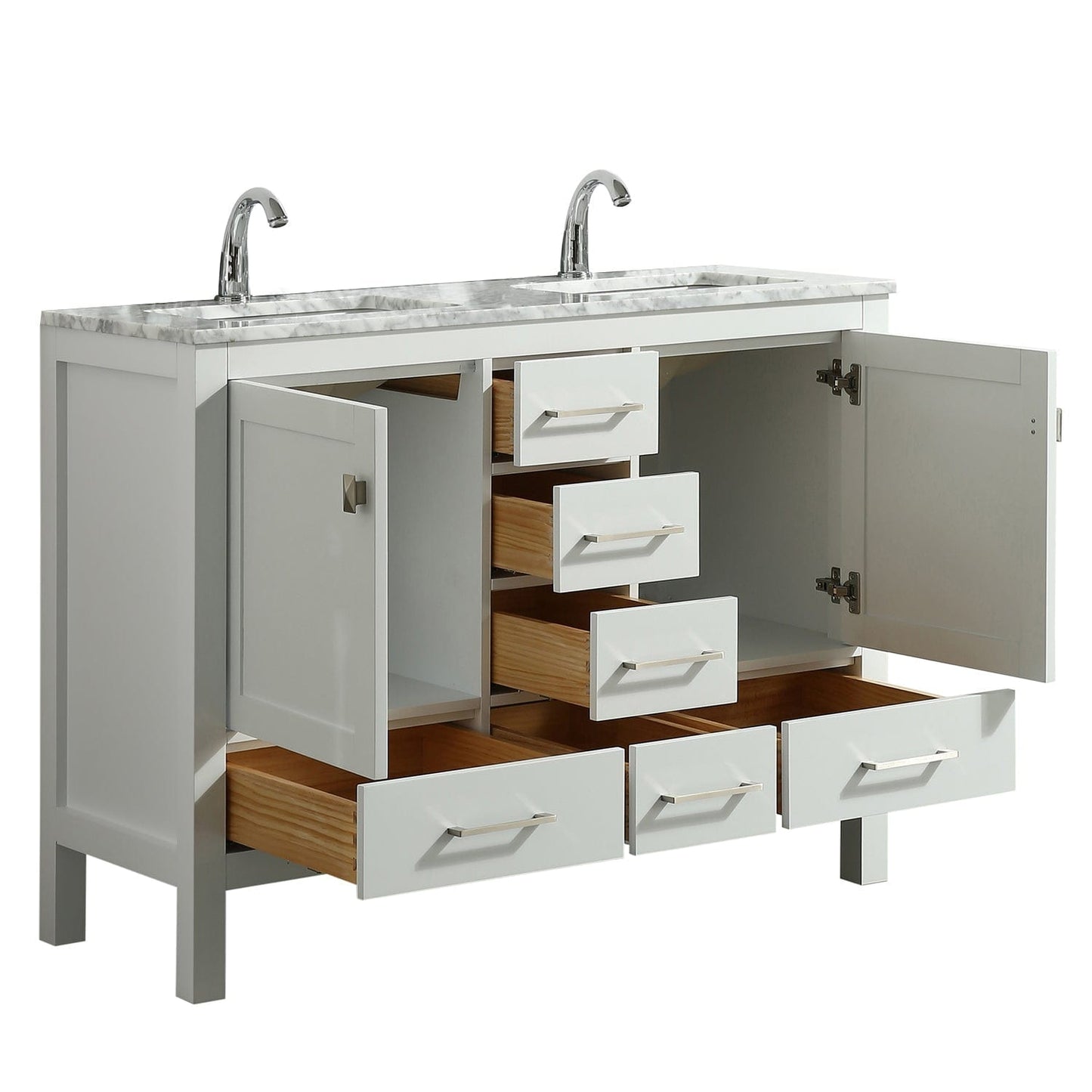 Eviva London 48" x 18" White Transitional Double Sink Bathroom Vanity with White Carrara Top