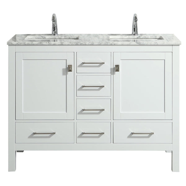 Eviva London 48 x 18 White Transitional Double Sink Bathroom Vanity with White Carrara Top