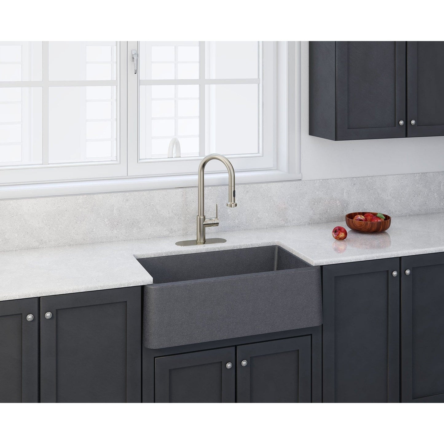 LaToscana Marmorin Series 30" Farmhouse Kitchen Sink front view with modern faucet and gray cabinetry.