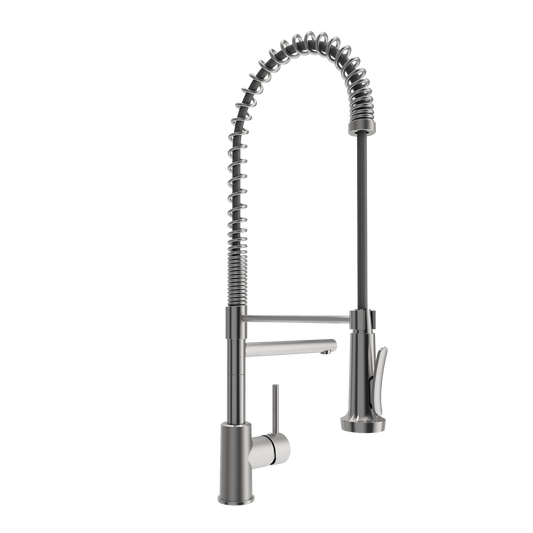 BOCCHI MAGGIORE 2.0 Dual-Spout Professional Kitchen Faucet in stainless steel with flexible gooseneck design.