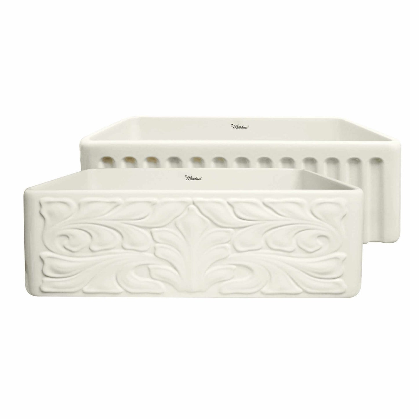 WHITEHAUS 30" Farmhaus Fireclay Reversible Sink WHFLGO3018 showcasing two distinct designs.