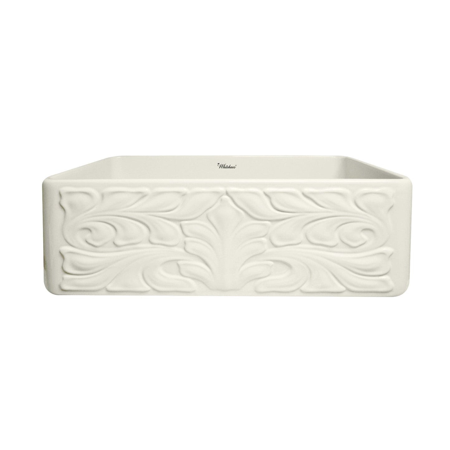 WHITEHAUS 30" Farmhaus Fireclay Reversible Sink WHFLGO3018 with intricate Roman floral design