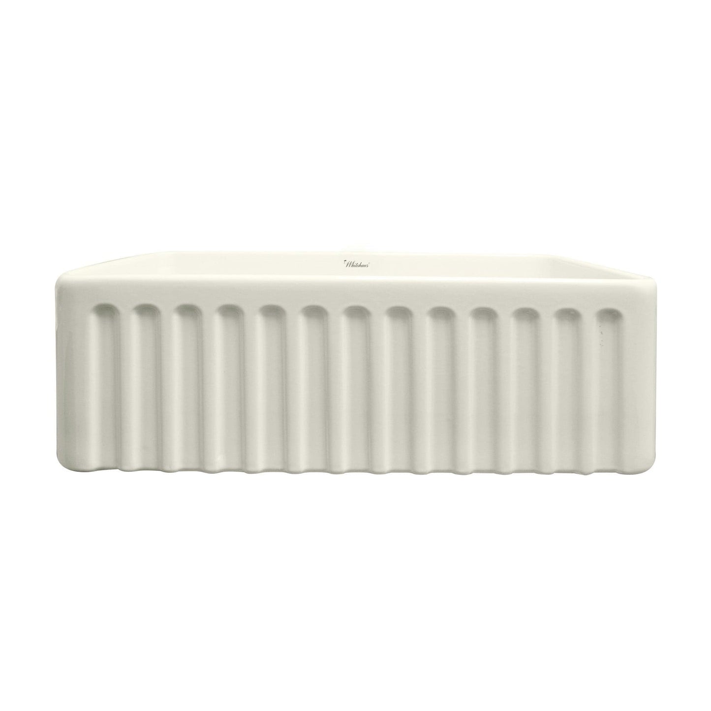 WHITEHAUS 30" Farmhaus Fireclay Reversible Sink WHFLGO3018 with classic fluted design, showing unique craftsmanship.