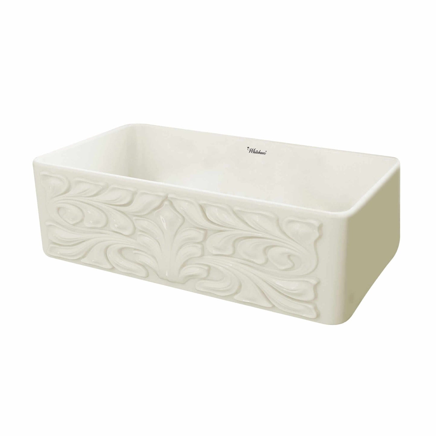 WHITEHAUS 30" Farmhaus Fireclay Reversible Sink WHFLGO3018 with intricate floral design