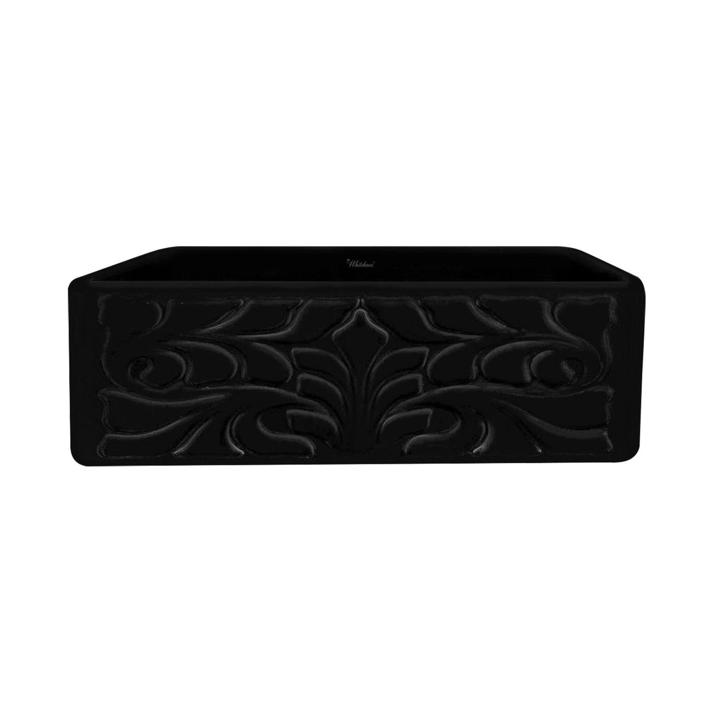 WHITEHAUS 30" Farmhaus Fireclay Reversible Sink WHFLGO3018 with Roman floral design in black finish.