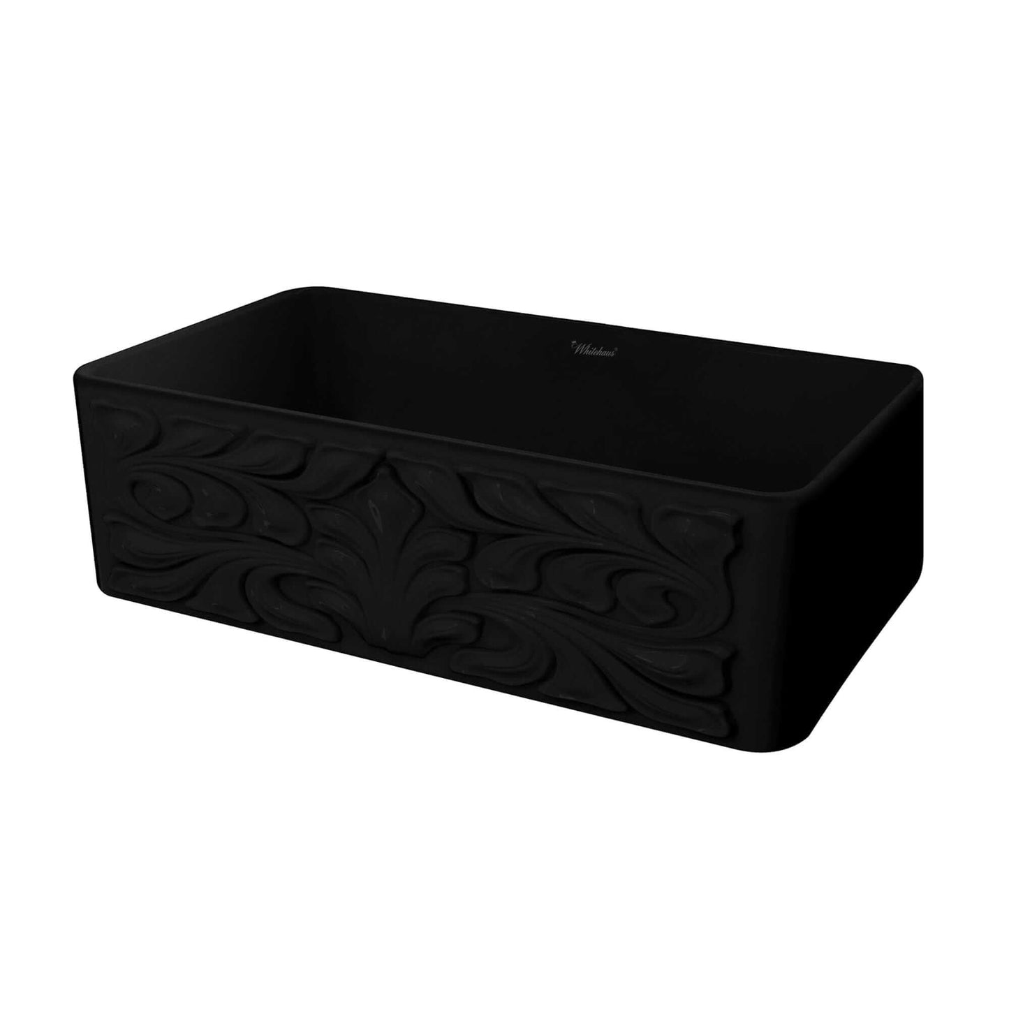 WHITEHAUS 30" Farmhaus Fireclay Reversible Sink WHFLGO3018 featuring an intricate Roman floral design.