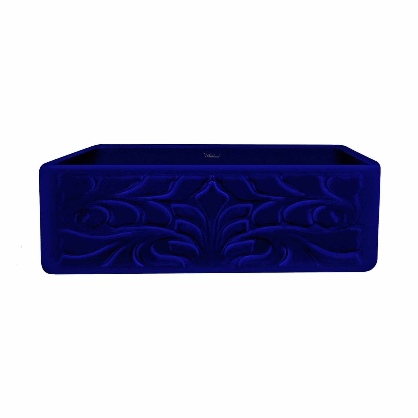 WHITEHAUS 30" Farmhaus Fireclay Reversible Sink WHFLGO3018 featuring intricate floral design.