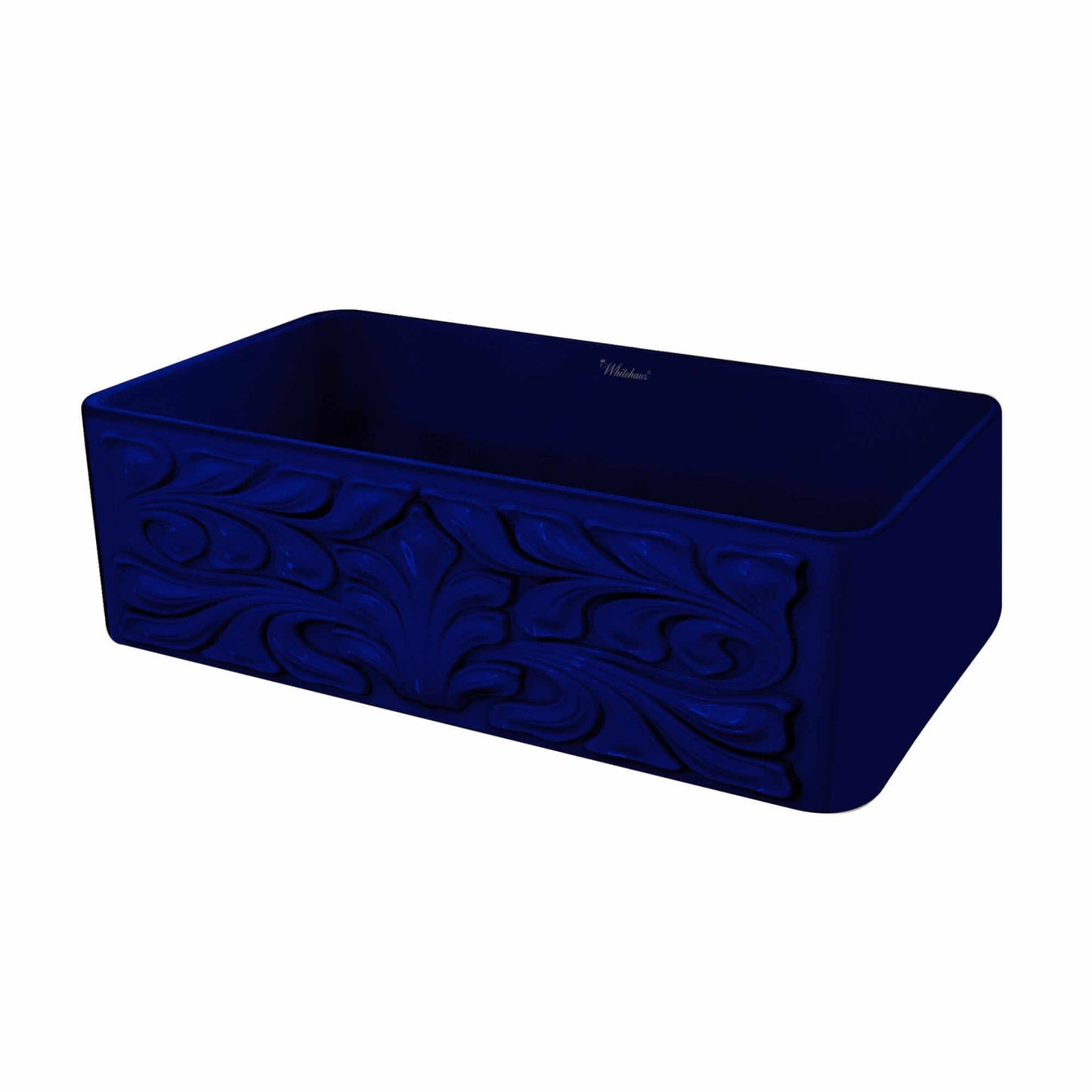 WHITEHAUS 30" Farmhaus Fireclay Reversible Sink WHFLGO3018 showcasing intricate floral design in deep blue.