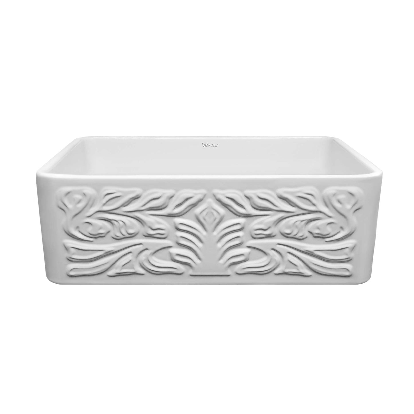 WHITEHAUS 30" Farmhaus Fireclay Reversible Sink WHFLGO3018 with intricate Roman floral design