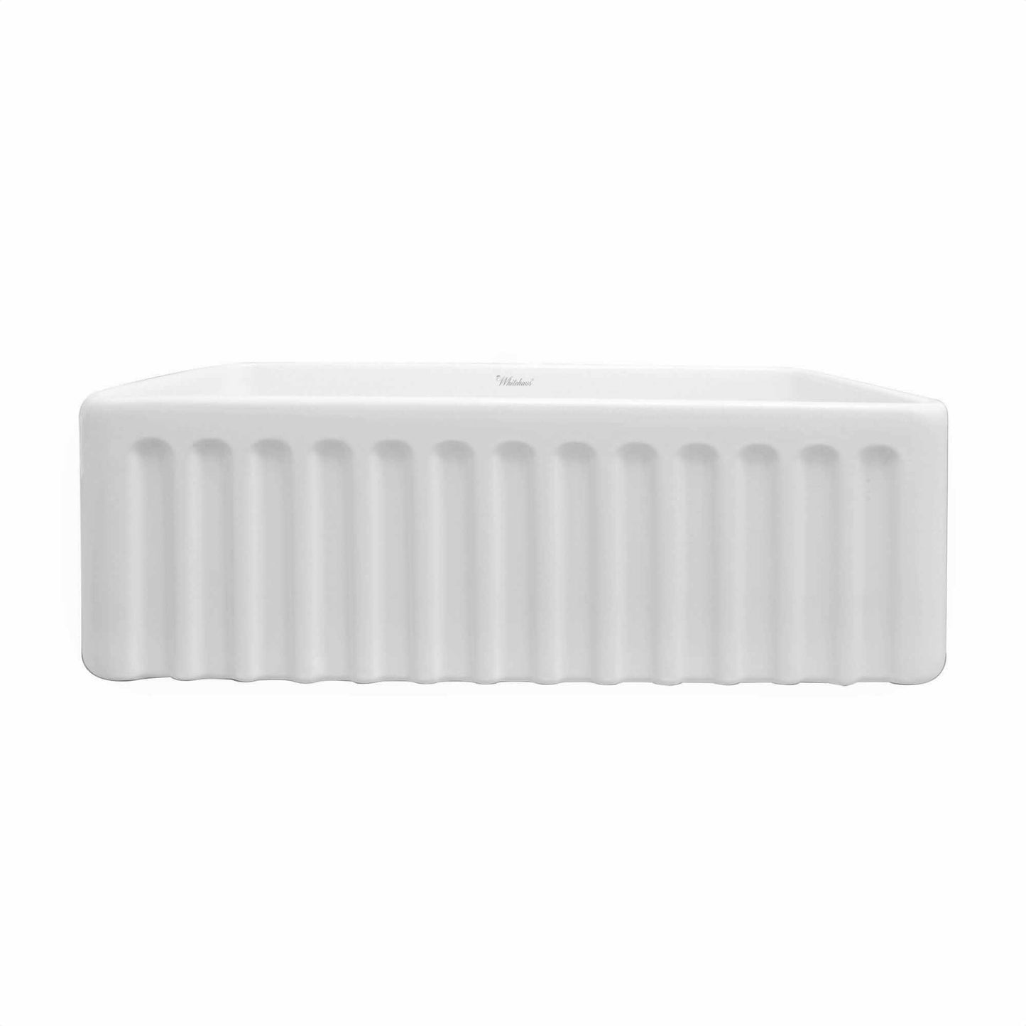 WHITEHAUS 30" Farmhaus Fireclay Reversible Sink WHFLGO3018 with classic fluted design front apron.