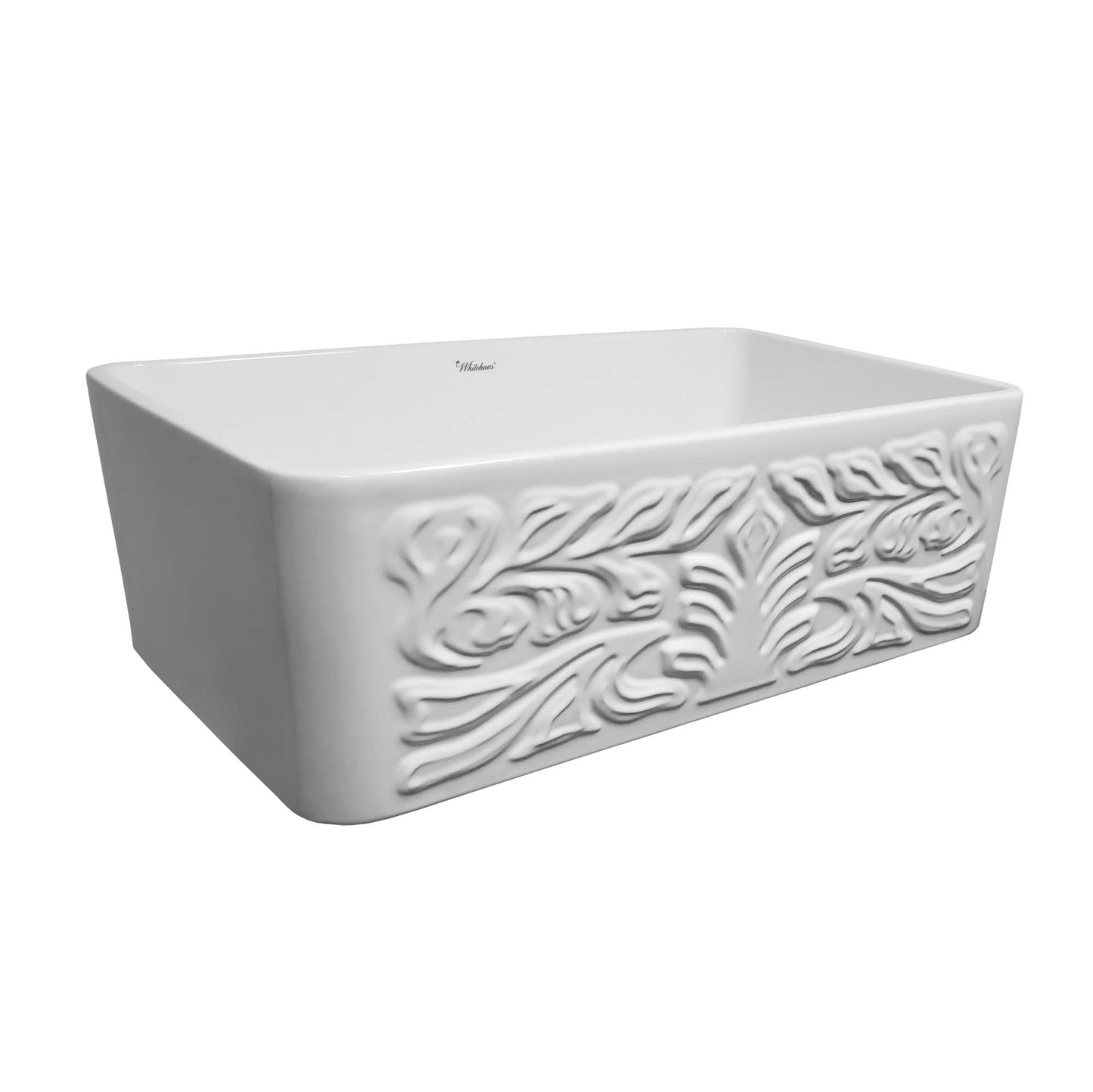 WHITEHAUS 30" Farmhaus Fireclay Reversible Sink WHFLGO3018 with intricate Roman floral design