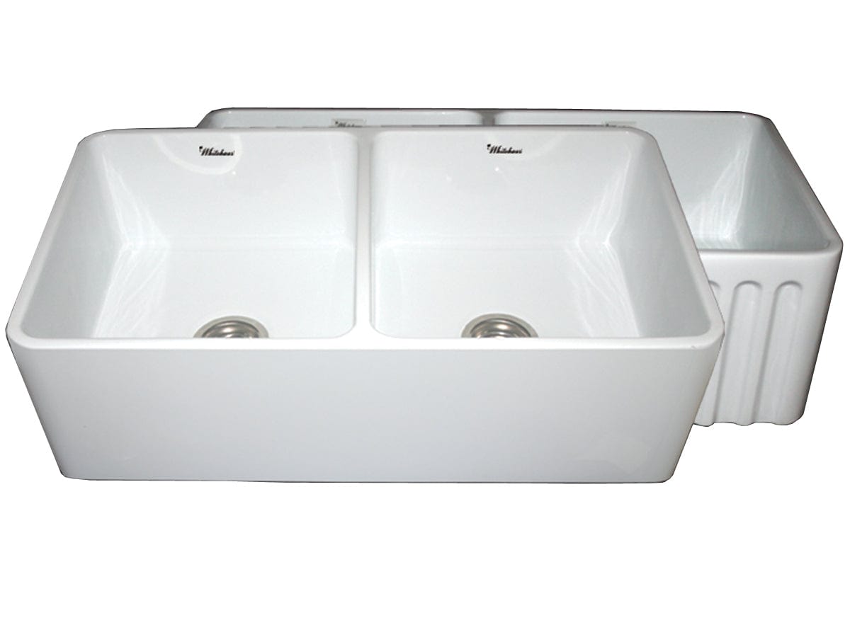 WHITEHAUS 33" Farmhaus Fireclay Reversible Double Bowl Kitchen Sink WHFLPLN3318-WHITE