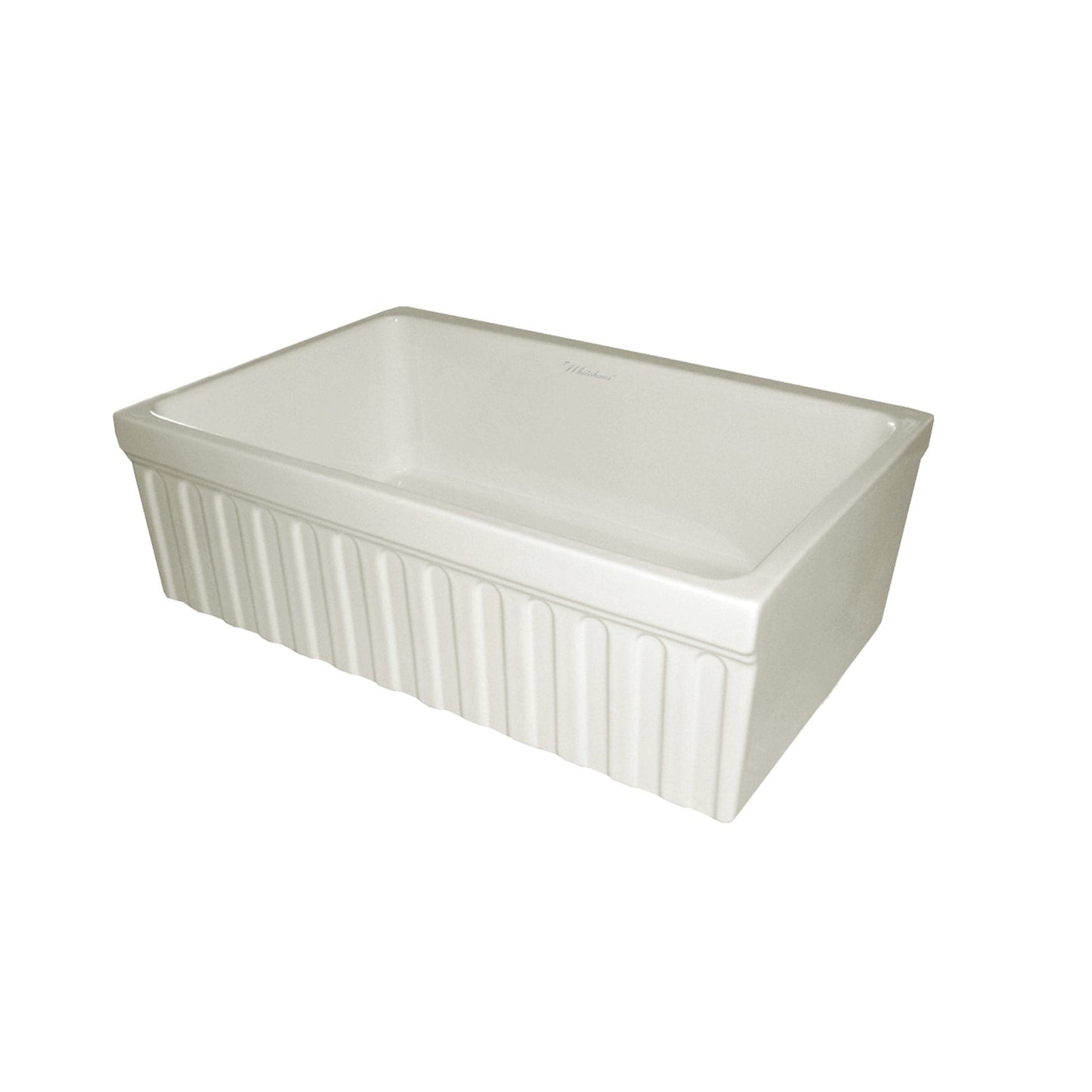 WHITEHAUS 30" Farmhaus Fireclay Quatro Alcove Reversible Sink in biscuit color, showcasing elegant farmhouse style.
