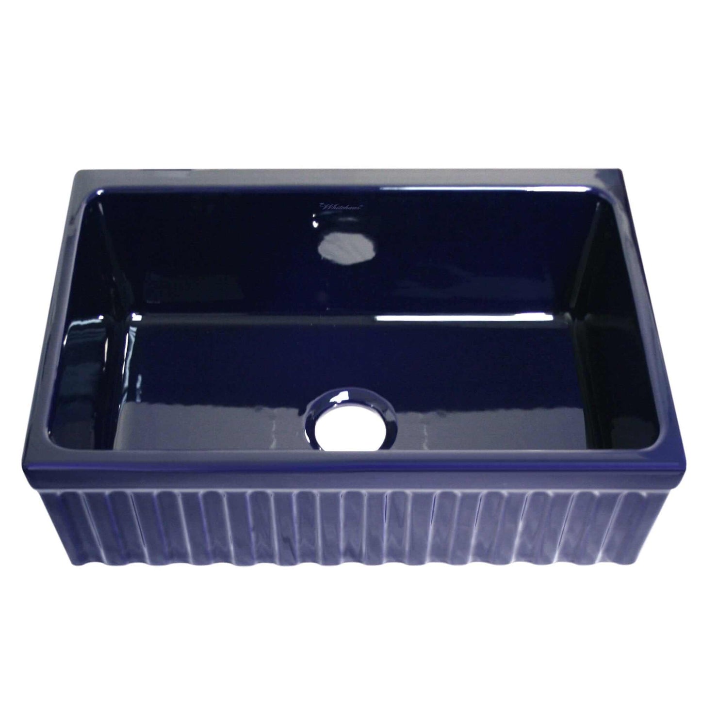 WHITEHAUS 30" Farmhaus Fireclay Quatro Alcove Reversible Sink WHQ33 in deep navy blue finish.