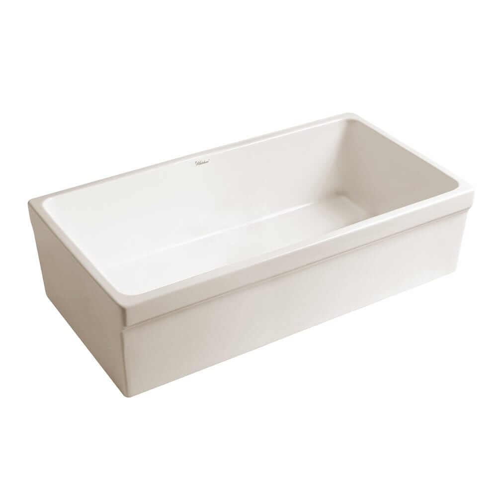 WHITEHAUS 36" Farmhaus Fireclay Quatro Alcove Large Reversible Sink in a biscuit color.
