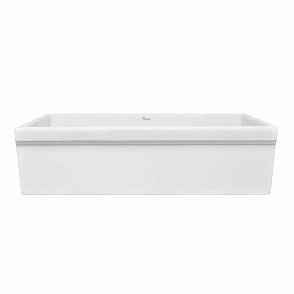 WHITEHAUS 36" Farmhaus Fireclay Quatro Alcove Large Reversible Sink on display in a modern kitchen.