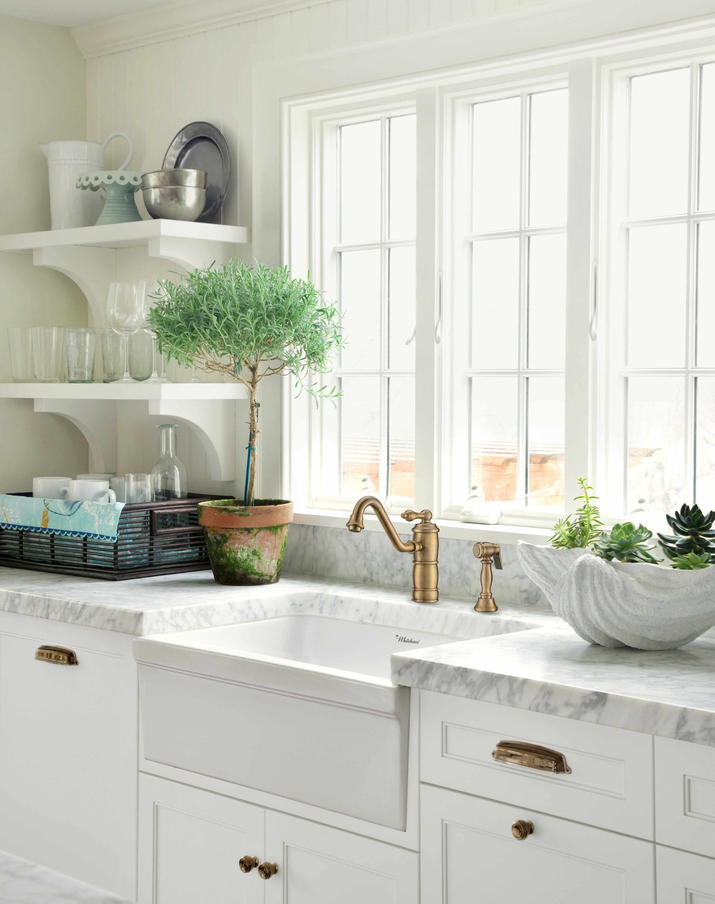 WHITEHAUS 30" Glencove Fireclay Reversible Sink WHQ5530-BLACK in a modern kitchen with marble countertops.