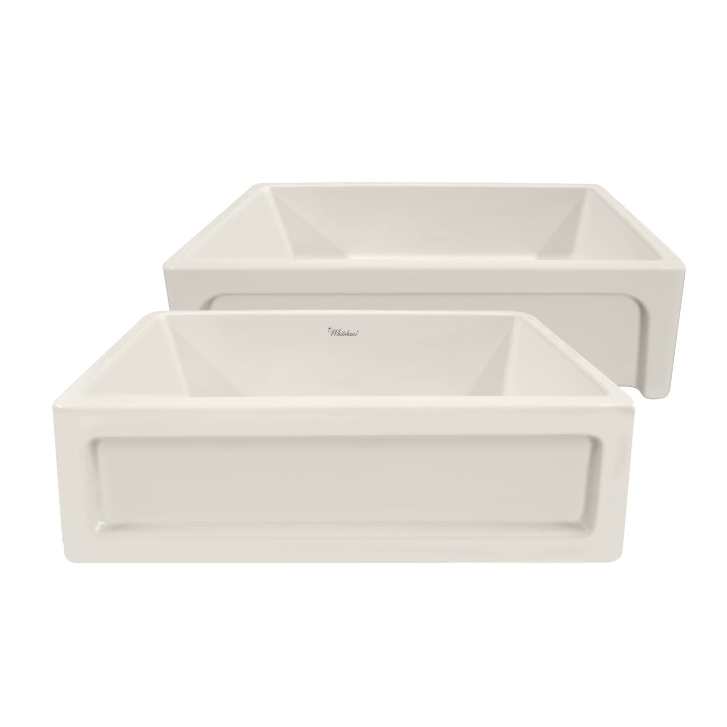 WHITEHAUS 33" Shakerhaus Reversible Kitchen Fireclay Sink WHQ5550 showcasing a minimalist design in elegant biscuit.