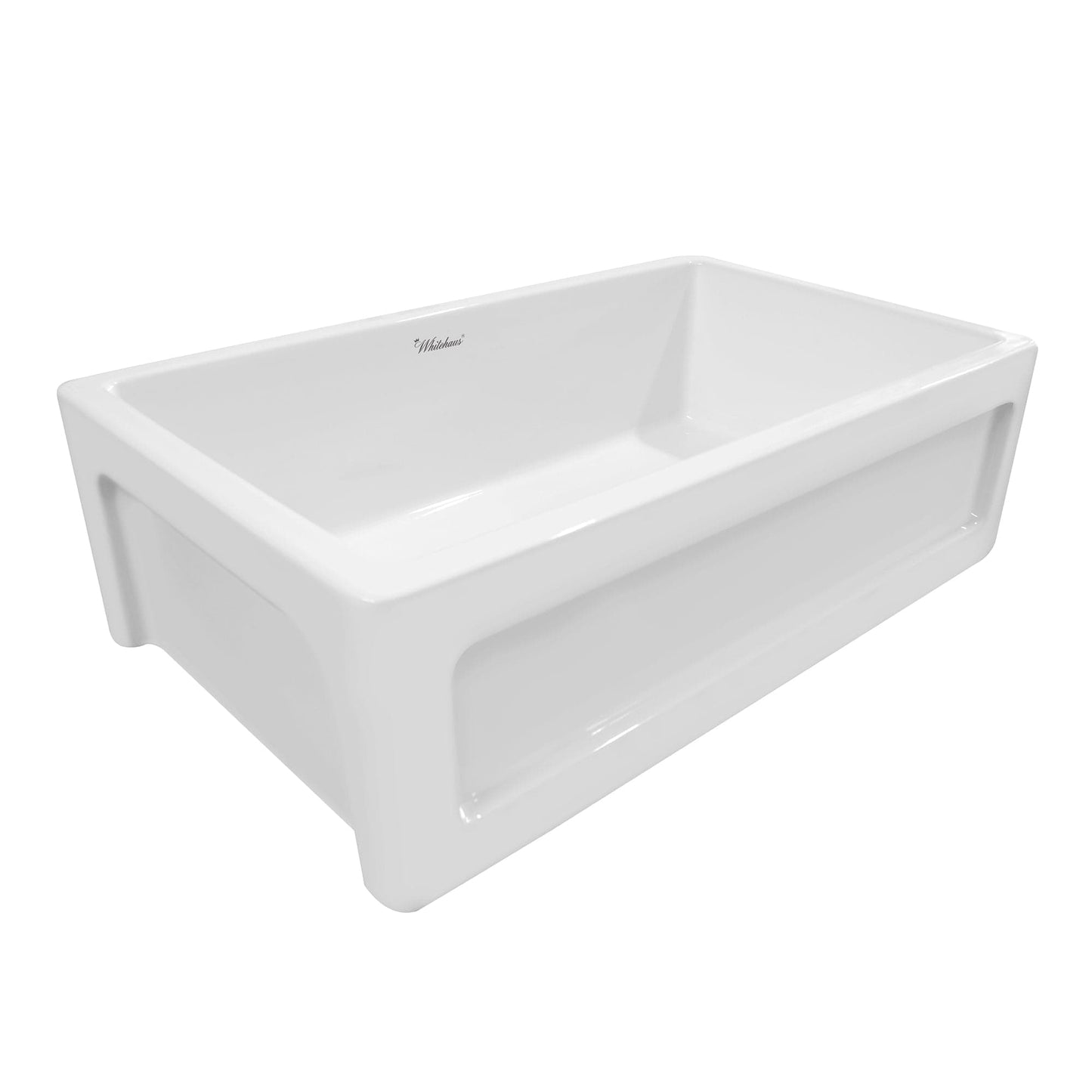 WHITEHAUS 33" Shakerhaus Reversible Kitchen Fireclay Sink WHQ5550 in pristine white finish.