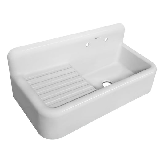 WHITEHAUS 42" Heritage Front Apron Single Bowl Fireclay Sink WHQD4220 with integrated drainboard.