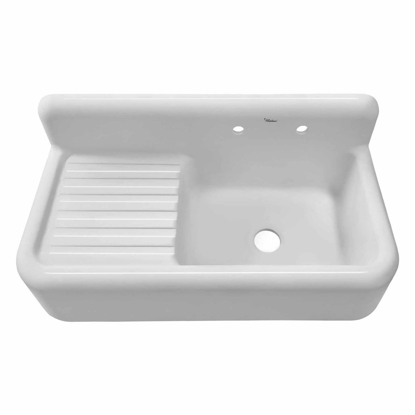 WHITEHAUS 42" Heritage Front Apron Single Bowl Fireclay Sink WHQD4220 in white with integrated drainboard.