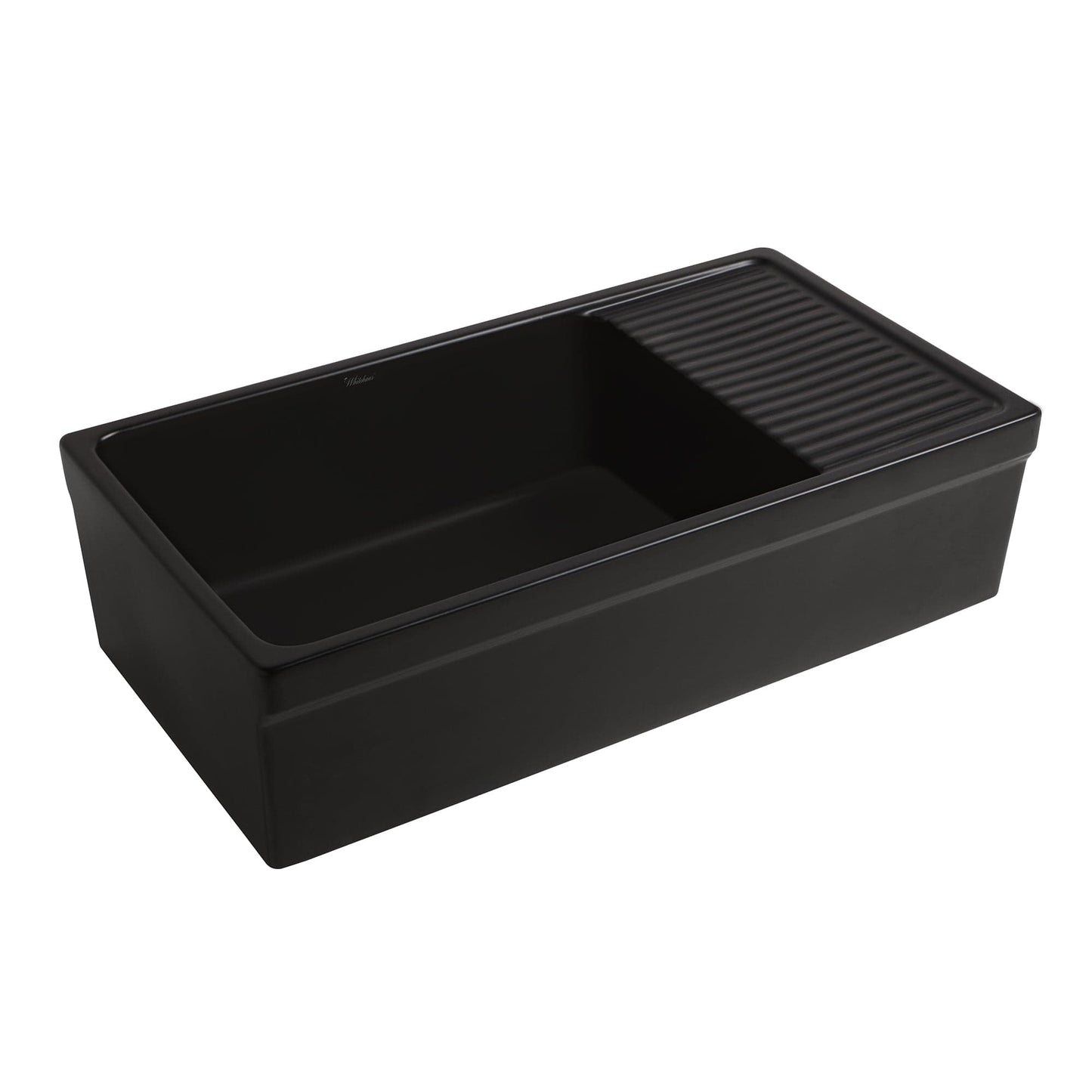 BLACK WHITEHAUS 36" Farmhaus Quatro Alcove Large Reversible Matte Fireclay Kitchen Sink WHQD540 at an angle with integral drainboard.