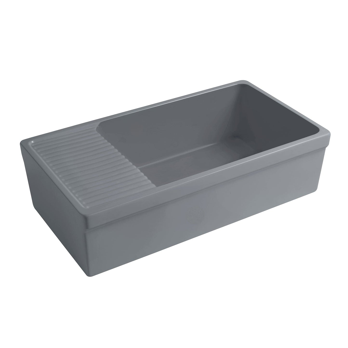 WHITEHAUS 36" Farmhaus Quatro Alcove Large Reversible Matte Fireclay Kitchen Sink WHQD540 in cement color, angled view.