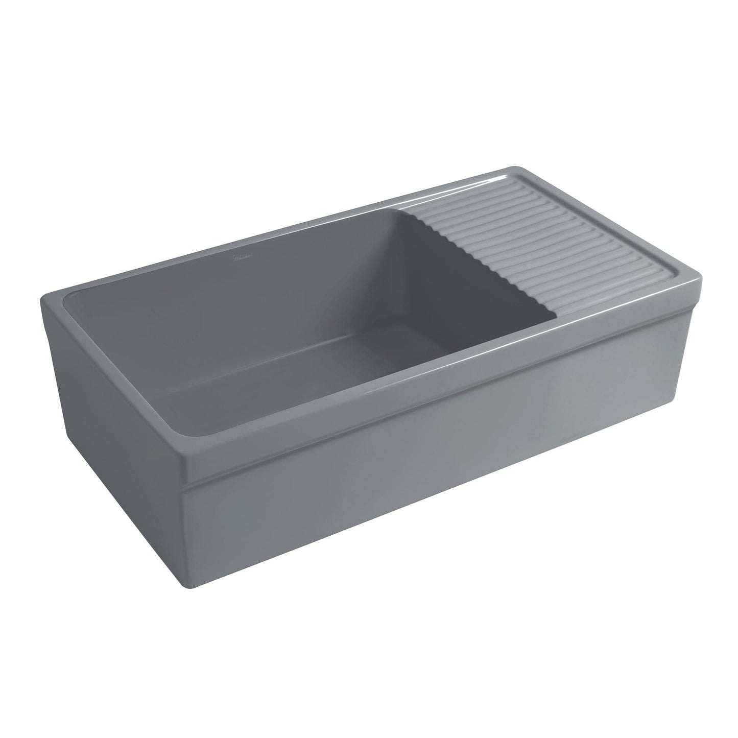 Alt Tag: WHITEHAUS 36" Farmhaus Quatro Alcove Large Reversible Matte Fireclay Kitchen Sink WHQD540, angled view showcasing the sleek grey finish.