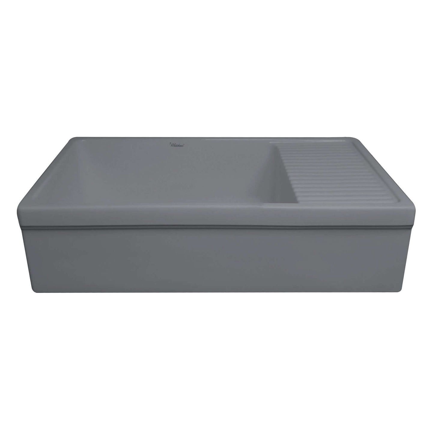 WHITEHAUS 36" Farmhaus Quatro Alcove Large Reversible Matte Fireclay Kitchen Sink WHQD540 in gray from a side angle.