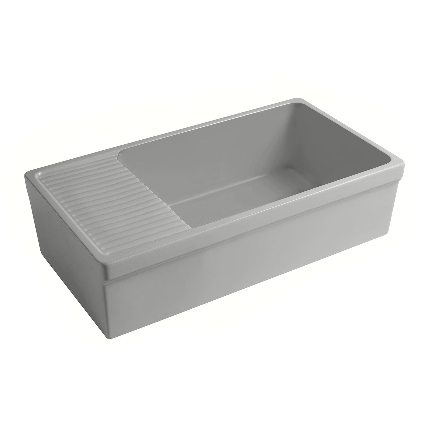 View of WHITEHAUS 36" Farmhaus Quatro Alcove Large Reversible Matte Fireclay Kitchen Sink WHQD540 in light cement.