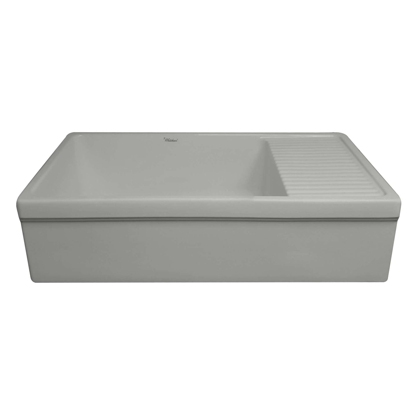 WHITEHAUS 36" Farmhaus Quatro Alcove Large Reversible Matte Fireclay Kitchen Sink WHQD540 side view angle with drainboard.