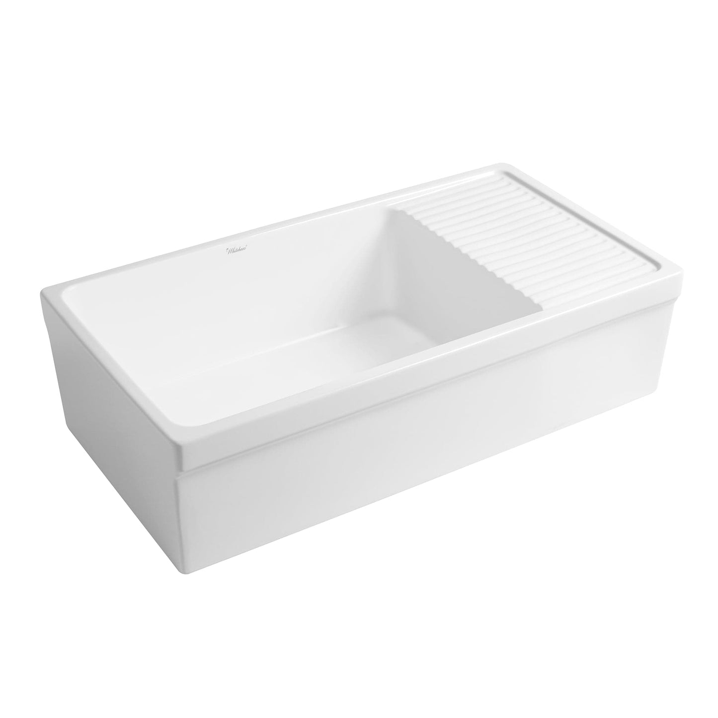 WHITEHAUS 36" Farmhaus Quatro Alcove Large Reversible Matte Fireclay Kitchen Sink WHQD540 side view with integral drainboard.