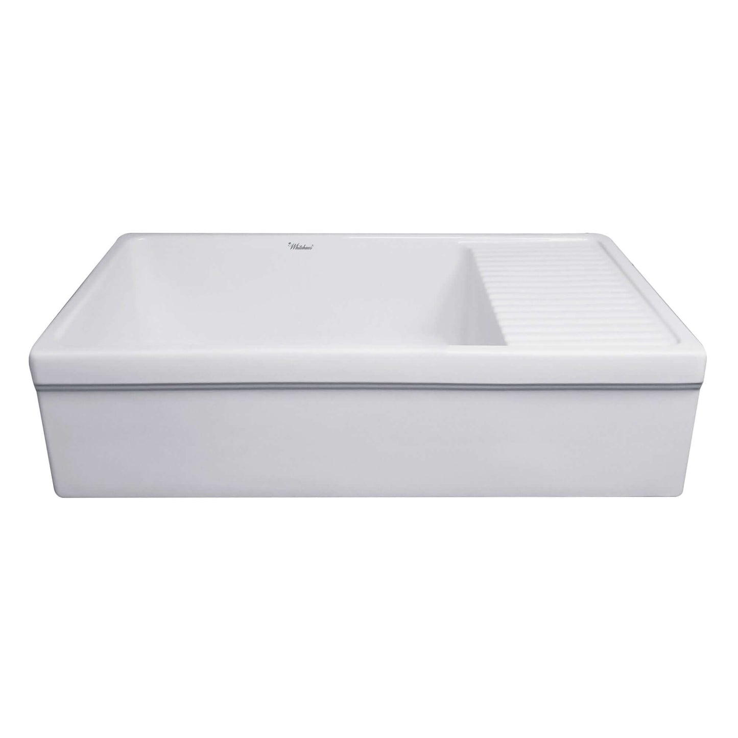 Large WHITEHAUS 36" Farmhaus Quatro Alcove Reversible Matte Fireclay Kitchen Sink WHQD540 from a side angle view.