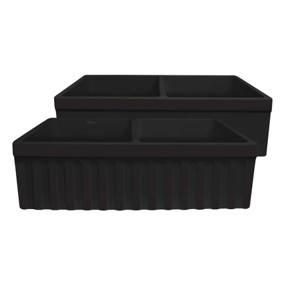WHITEHAUS 33" Farmhaus Quatro Alcove Reversible Matte Double Bowl Fireclay Kitchen Sink WHQDB332, matte black color, top view.