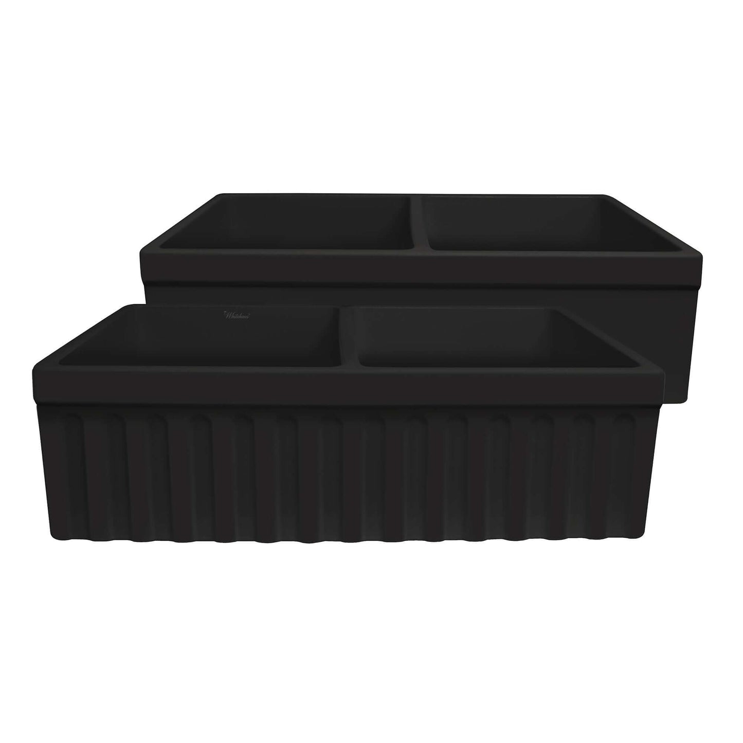 WHITEHAUS 33" Farmhaus Quatro Alcove Reversible Matte Double Bowl Fireclay Kitchen Sink WHQDB332, matte black color, top view.