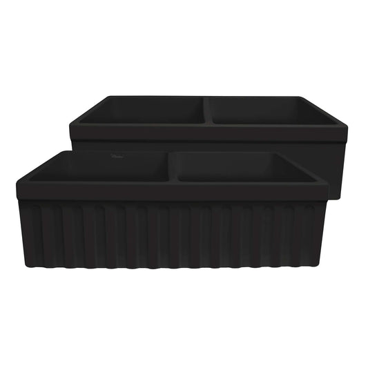 WHITEHAUS 33" Farmhaus Quatro Alcove Reversible Matte Double Bowl Fireclay Kitchen Sink WHQDB332, matte black color, top view.