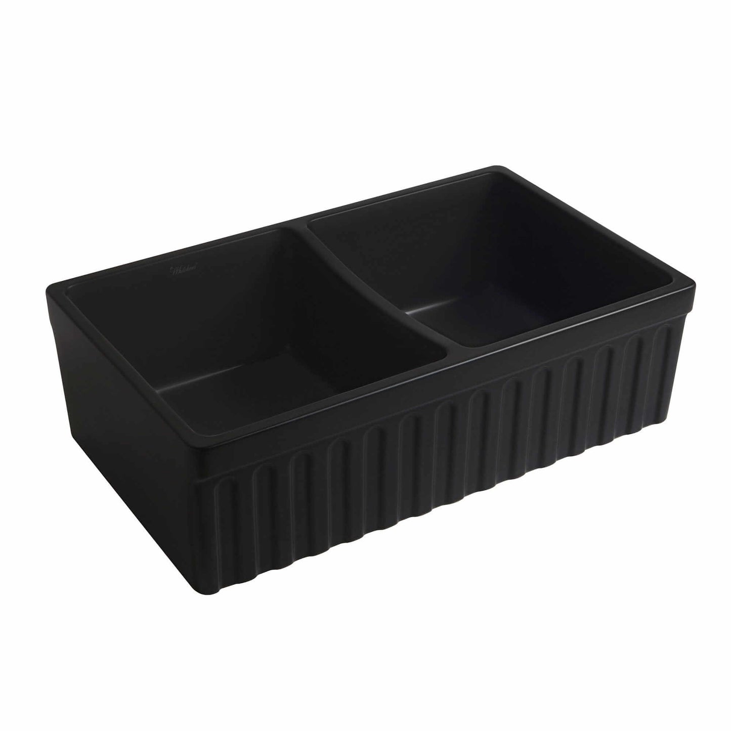 WHITEHAUS 33" Farmhaus Quatro Alcove Reversible Matte Double Bowl  Fireclay Kitchen Sink WHQDB332 from a side angle view.