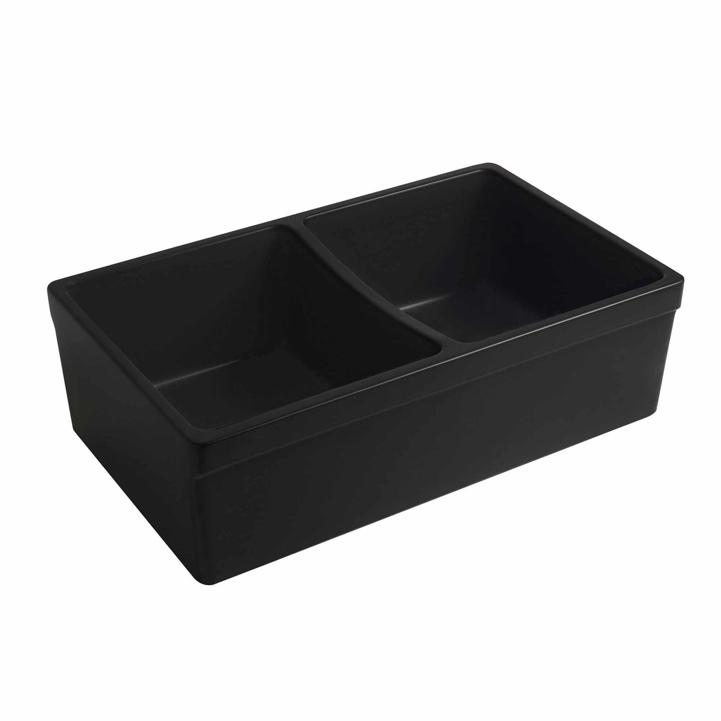 BLACK 33" Farmhaus Quatro Alcove Reversible Matte Double Bowl Fireclay Kitchen Sink WHQDB332, shown from an angle.